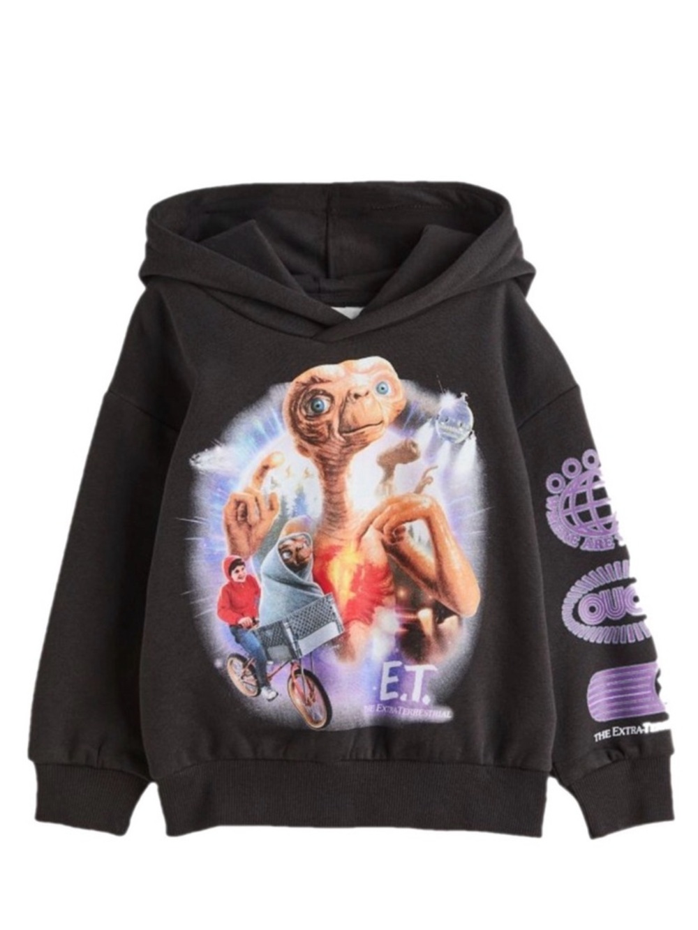 H&M Black Kids Hoodie with E.T. Graphic and Purple Sleeve Print